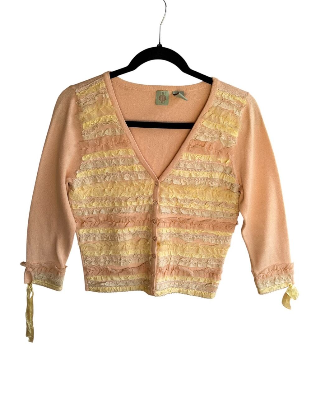 Anthropologie Vintage Boho Ruffle Lace Cardigan Knit Sweater Petite Rare Size M
